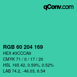 カラーコード: RGB 60 204 169 | qconv.com