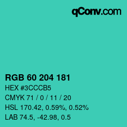 カラーコード: RGB 60 204 181 | qconv.com