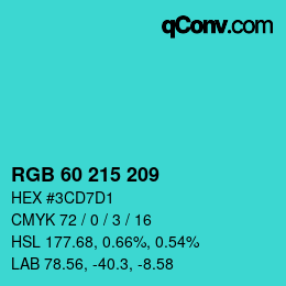 カラーコード: RGB 60 215 209 | qconv.com