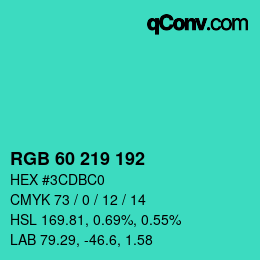 カラーコード: RGB 60 219 192 | qconv.com