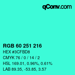 Código de color: RGB 60 251 216 | qconv.com