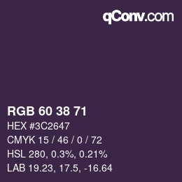 Color code: RGB 60 38 71 | qconv.com