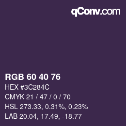 Color code: RGB 60 40 76 | qconv.com