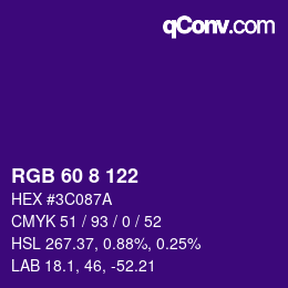 Color code: RGB 60 8 122 | qconv.com