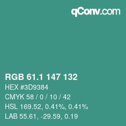 カラーコード: RGB 61.1 147 132 | qconv.com