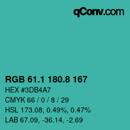 カラーコード: RGB 61.1 180.8 167 | qconv.com