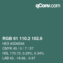 カラーコード: RGB 61 110.2 102.6 | qconv.com
