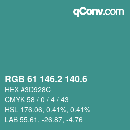 カラーコード: RGB 61 146.2 140.6 | qconv.com