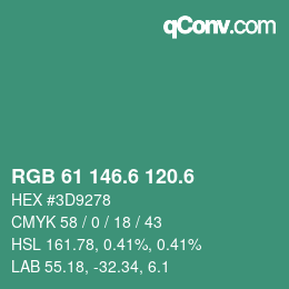 カラーコード: RGB 61 146.6 120.6 | qconv.com