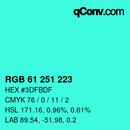 颜色代码: RGB 61 251 223 | qconv.com