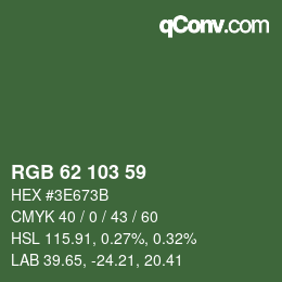 Color code: RGB 62 103 59 | qconv.com