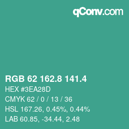 カラーコード: RGB 62 162.8 141.4 | qconv.com