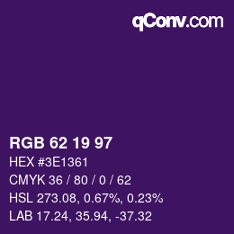 Color code: RGB 62 19 97 | qconv.com
