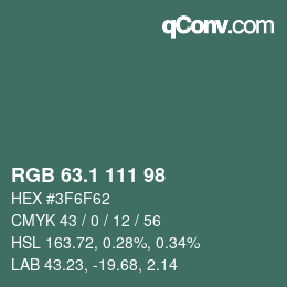 カラーコード: RGB 63.1 111 98 | qconv.com