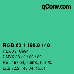 カラーコード: RGB 63.1 198.8 148 | qconv.com