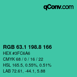 カラーコード: RGB 63.1 198.8 166 | qconv.com