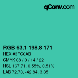 カラーコード: RGB 63.1 198.8 171 | qconv.com