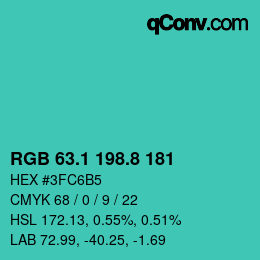 カラーコード: RGB 63.1 198.8 181 | qconv.com