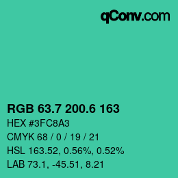 カラーコード: RGB 63.7 200.6 163 | qconv.com