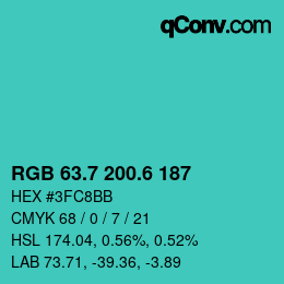 カラーコード: RGB 63.7 200.6 187 | qconv.com