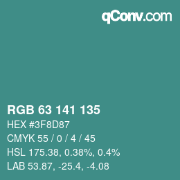 カラーコード: RGB 63 141 135 | qconv.com