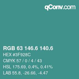カラーコード: RGB 63 146.6 140.6 | qconv.com