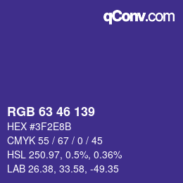 Color code: RGB 63 46 139 | qconv.com