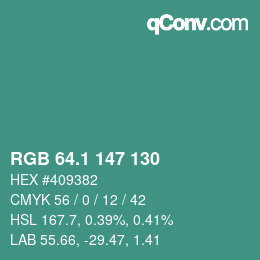 カラーコード: RGB 64.1 147 130 | qconv.com