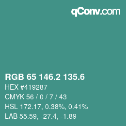 カラーコード: RGB 65 146.2 135.6 | qconv.com