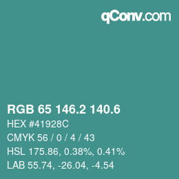 カラーコード: RGB 65 146.2 140.6 | qconv.com
