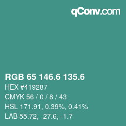 カラーコード: RGB 65 146.6 135.6 | qconv.com