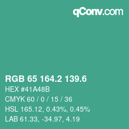 カラーコード: RGB 65 164.2 139.6 | qconv.com