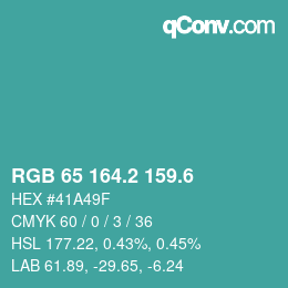 カラーコード: RGB 65 164.2 159.6 | qconv.com