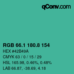 カラーコード: RGB 66.1 180.8 154 | qconv.com