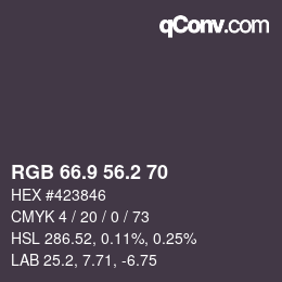 Color code: RGB 66.9 56.2 70 | qconv.com