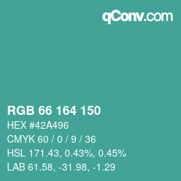 カラーコード: RGB 66 164 150 | qconv.com