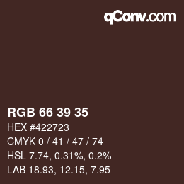 Color code: RGB 66 39 35 | qconv.com
