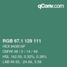 Color code: RGB 67.1 129 111 | qconv.com