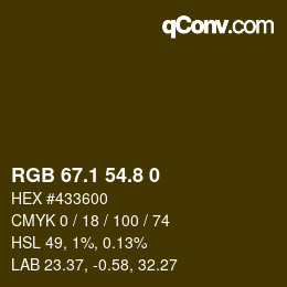 Color code: RGB 67.1 54.8 0 | qconv.com