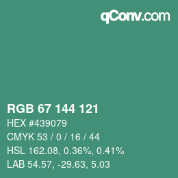 カラーコード: RGB 67 144 121 | qconv.com