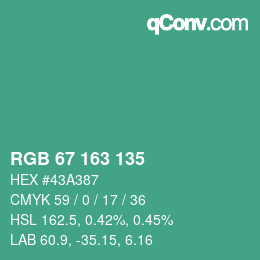 カラーコード: RGB 67 163 135 | qconv.com
