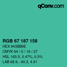 カラーコード: RGB 67 187 158 | qconv.com