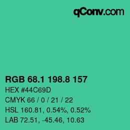 カラーコード: RGB 68.1 198.8 157 | qconv.com