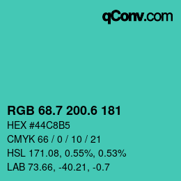 カラーコード: RGB 68.7 200.6 181 | qconv.com