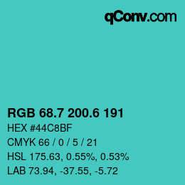 カラーコード: RGB 68.7 200.6 191 | qconv.com