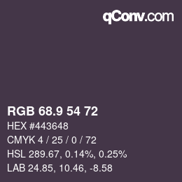 Color code: RGB 68.9 54 72 | qconv.com