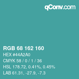 カラーコード: RGB 68 162 160 | qconv.com