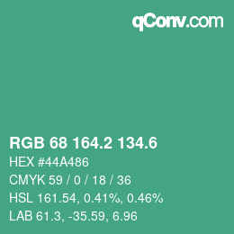 カラーコード: RGB 68 164.2 134.6 | qconv.com