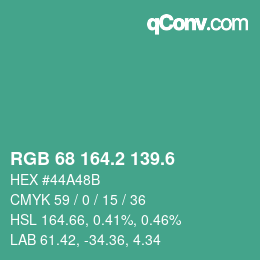 カラーコード: RGB 68 164.2 139.6 | qconv.com