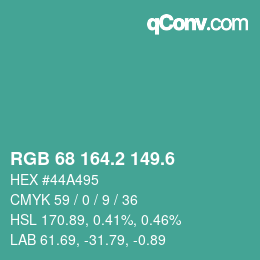 カラーコード: RGB 68 164.2 149.6 | qconv.com